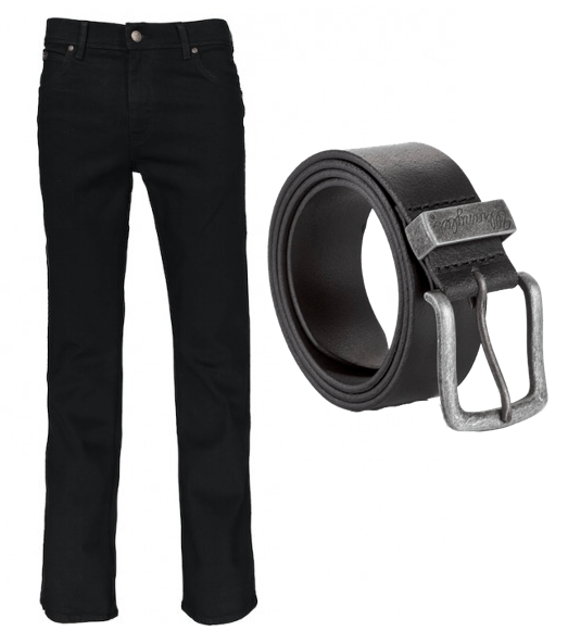 Wrangler jeans texas stretch black og læder bælte_42W/36L Wrangler jeans