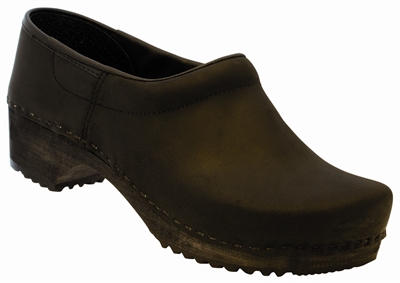 Træsko med 100 procent træsål, Model Tærsbøl, med kappe, polstret vrist, sort/brun Nubuck læder Brun